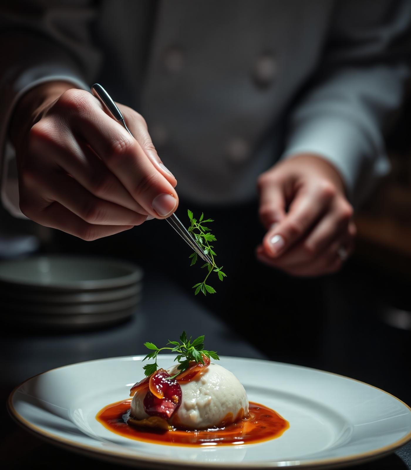 Chef plating a dish with tweezers